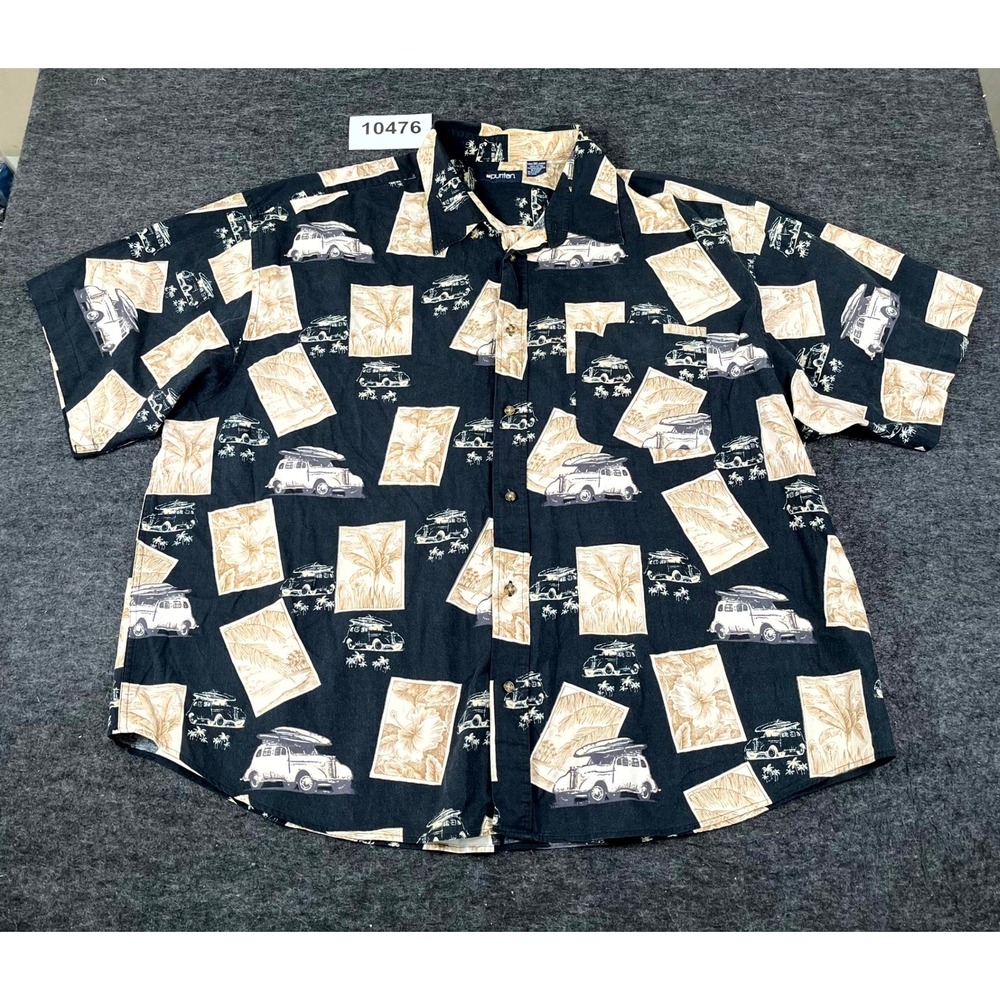 Puritan Hawaiian Shirt Men 3XL Black Woodie Car Palm Tree Cotton Button Up Beach